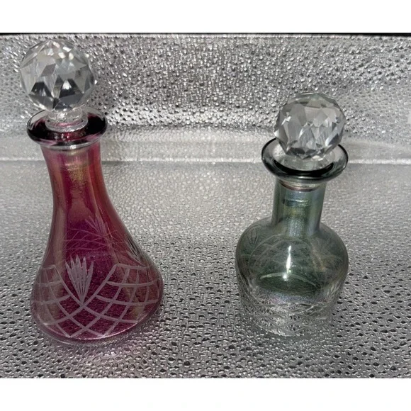 Vintage Bohemian Perfume Bottles  Cut to Clear Crystal Hand Cut  Set of 2 - Picture 2 of 3